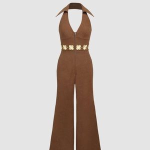 NWT Cider Floral Trim Corduroy Halter Jumpsuit Size S - 70s Disco Halloween